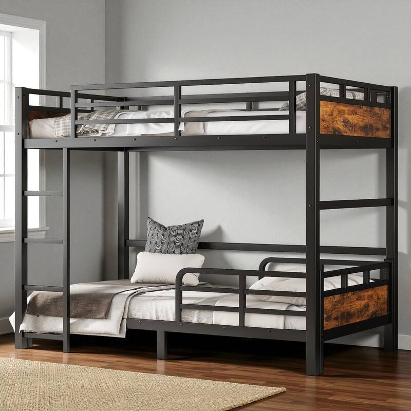 Twin XL over Twin XL Metal Bunk Bed with Raised Guardrails, Convertible Loft and Platform Beds, Noise-Free Design