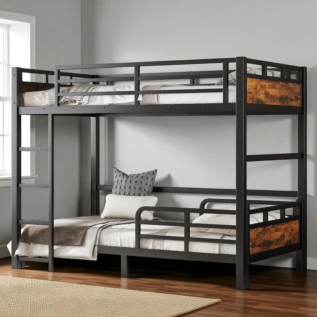 Twin XL over Twin XL Metal Bunk Bed with Raised Guardrails, Convertible Loft and Platform Beds, Noise-Free Design
