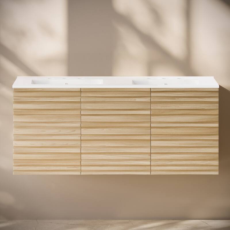 Cascade 48" Wall-Mounted Bathroom Vanity In Natural Oak With 3-Hole Widespread Double Basin Sink Top - 48