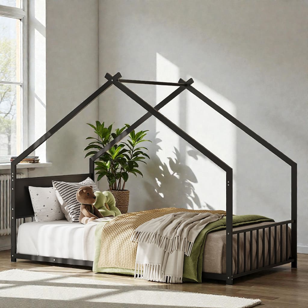Twin Size Metal House Bed with Roof and LED Lights, Kids Bed Frame with Slats, No Box Spring Needed