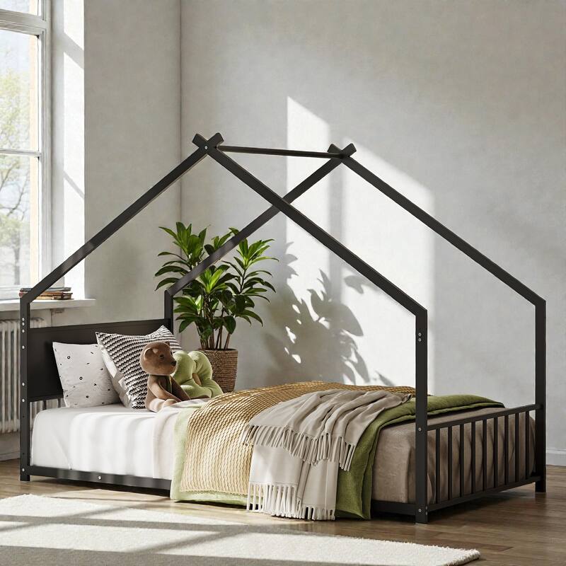 Twin Size Metal House Bed with Roof and LED Lights, Kids Bed Frame with Slats, No Box Spring Needed - Black - Twin