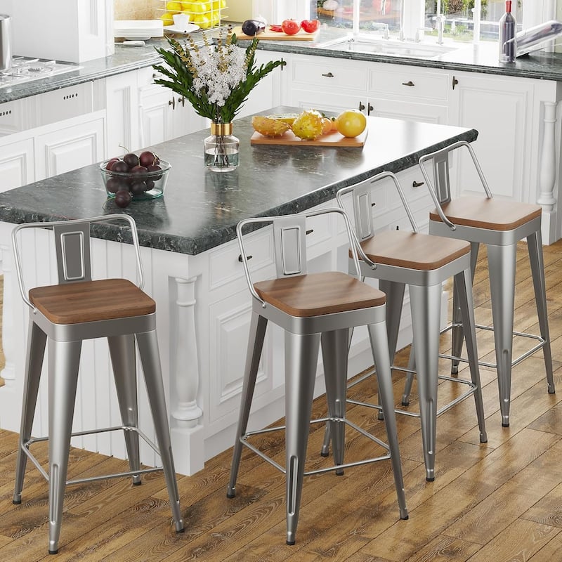 Counter Stools with Metal Frame Counter Height Bar stools with Low Back 24" Kitchen Bar Furniture Stools with Wooden Seat - Set of 4 - silver