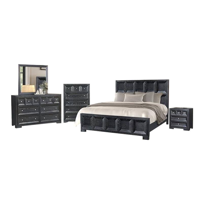 Kizie 5pc Queen Bedroom Set, Rustic Black, XL Nightstand Chest, Mirror
