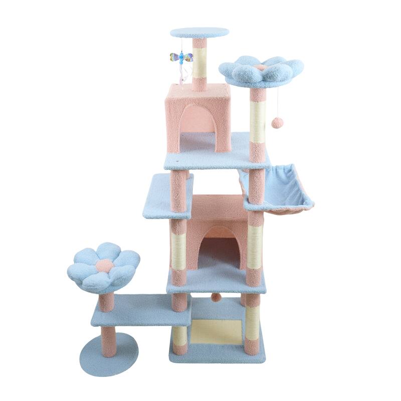 71 inch flower cat tree with large condo removable flower cushion and hammock blue