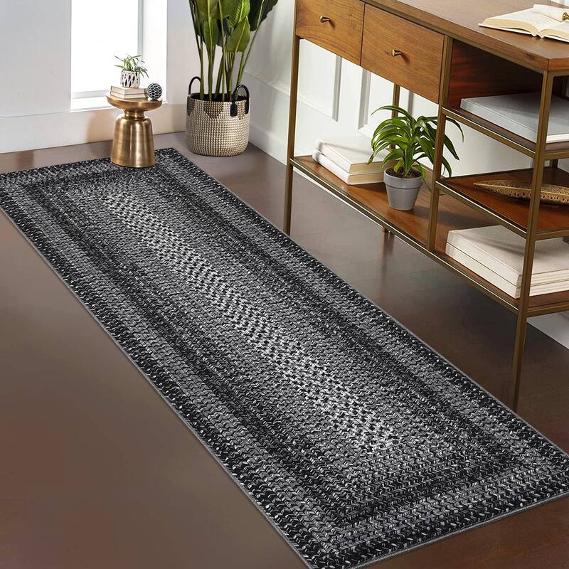 Washable Living Room Rugs Modern Braided Print Area Rug Border Design Accent Rugs for Bedroom Non-Slip Low Pile Area Rug