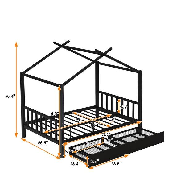 dimension image slide 1 of 2, Full Size Metal House Platform Bed with Headboard and Footboard,Roof Design,Two Drawers,Safe Guaranteed