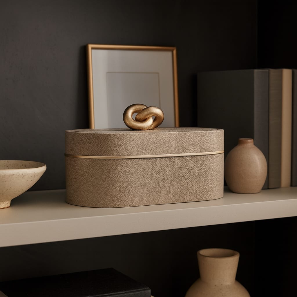 Decorative Oval Box with Textured Finish and Lid - 14", Tan & Gold - 14.0"