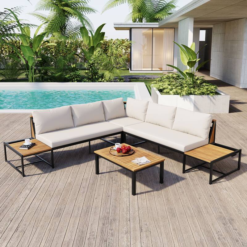 4 Piece Outdoor Modular Conversation Furniture Set L Shaped Patio Sectional Sofa with Waterproof Cushions and Coffee Table