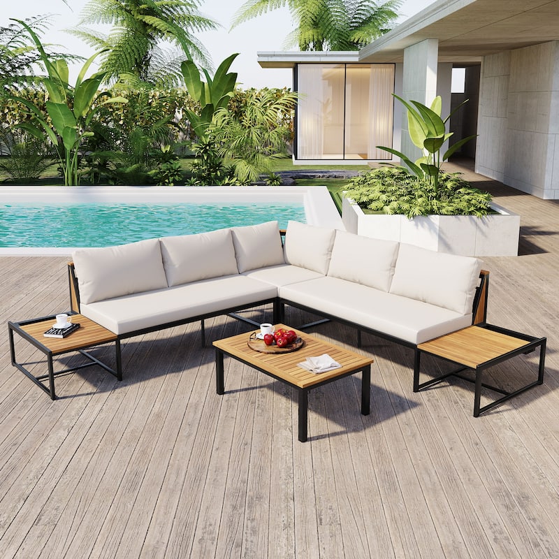 Patio Furniture Set with Loveseats and Pillows, 4 Pieces Outdoor Sofa Set with Waterproof Cushions and Coffee Table