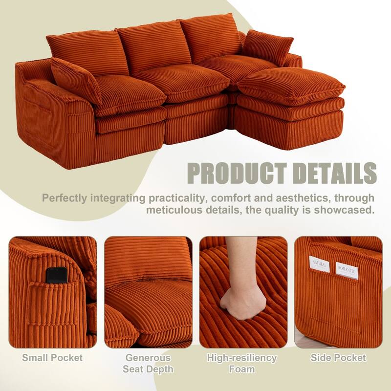 103" L-Shaped Corduroy Boneless Sectional Sofa with Movable Ottoman