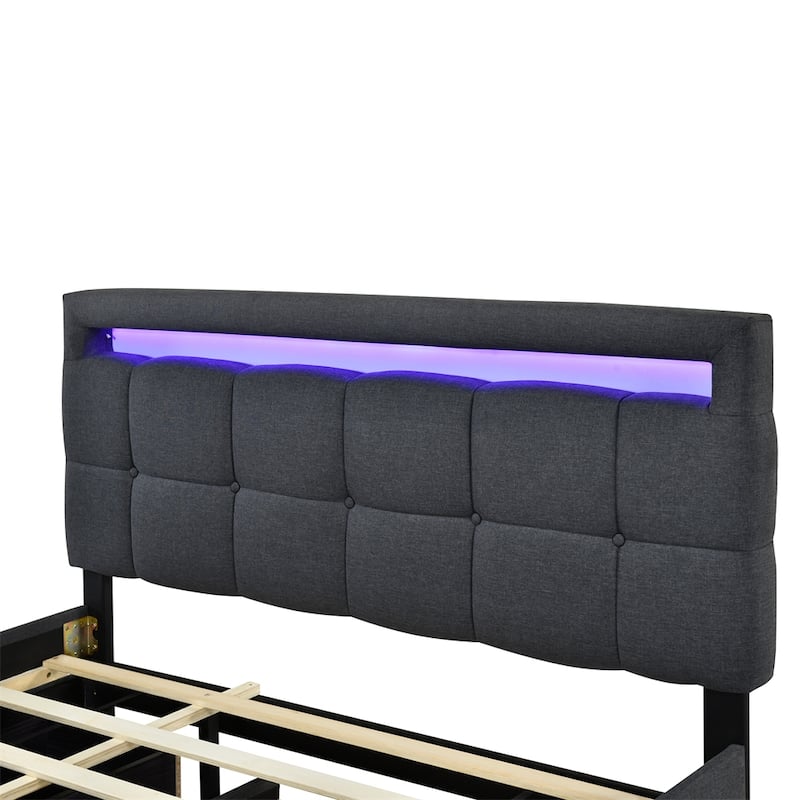 Queen Size Upholstered Platform Bed w/ LED Frame, Twin XL Size Trundle