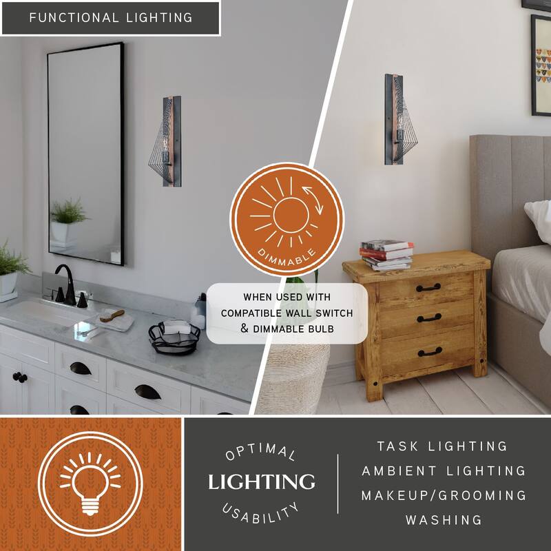 Modern Wall Sconce Black Oak Geometric Light Fixture Industrial Style - 21.5