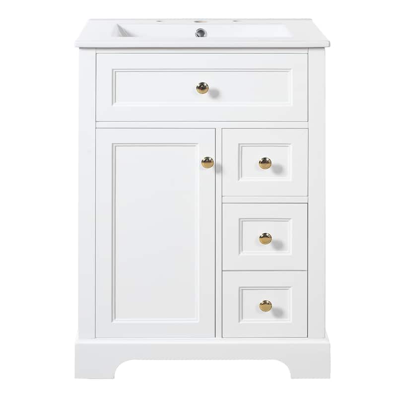 24" Bathroom Vanity with Sink, MDF & Pinewood Construction, 3 Drawers & Cabinet with 2-Tier Door Storage Rack, Soft-Close