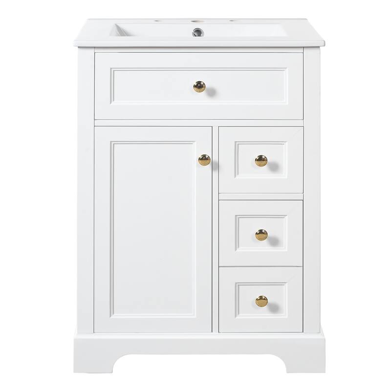 24" Bathroom Vanity with Sink - MDF & Pinewood, 3 Drawers & Cabinet with 2-Tier Door Rack, Soft-Close
