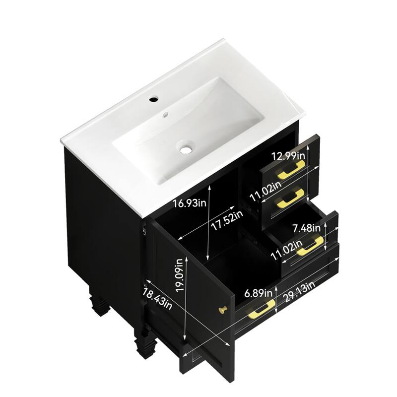 30" Bathroom Vanity with 1 Soft Close Doors and 3 Drawers