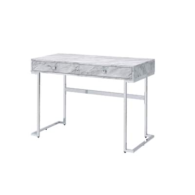 White Faux Marble Writing Desk with Chrome Finish Frame Modern Home Office Desk - N/A
