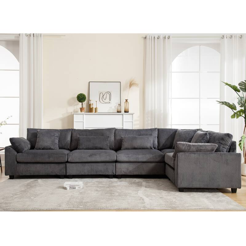 Oversized Modular Sectional Sofa Set, Corduroy Upholstered 5 - Seat Sofa, Dark Gray