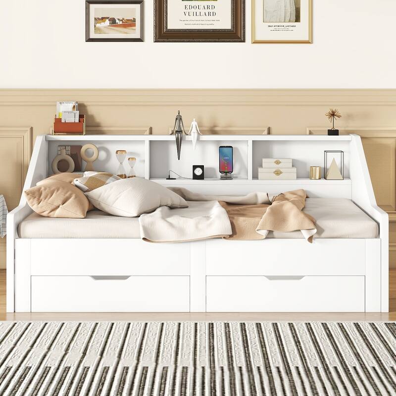 Twin Size Pine Convertible Daybed (Twin to King) with USB Charging & Storage (660lb Capacity)