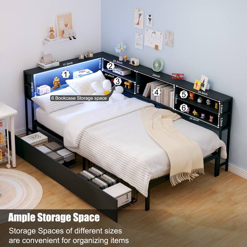 Corner Daybed Kids Platform Bed Frame with Storage Bookcase, Underbed Drawers, Charging Station and LED Lights