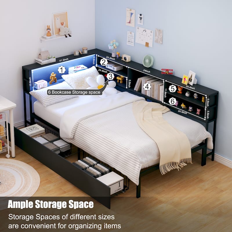 Corner Daybed with Storage Drawers, Bookcase Headboard, LED Lights & Charging Station for Kids