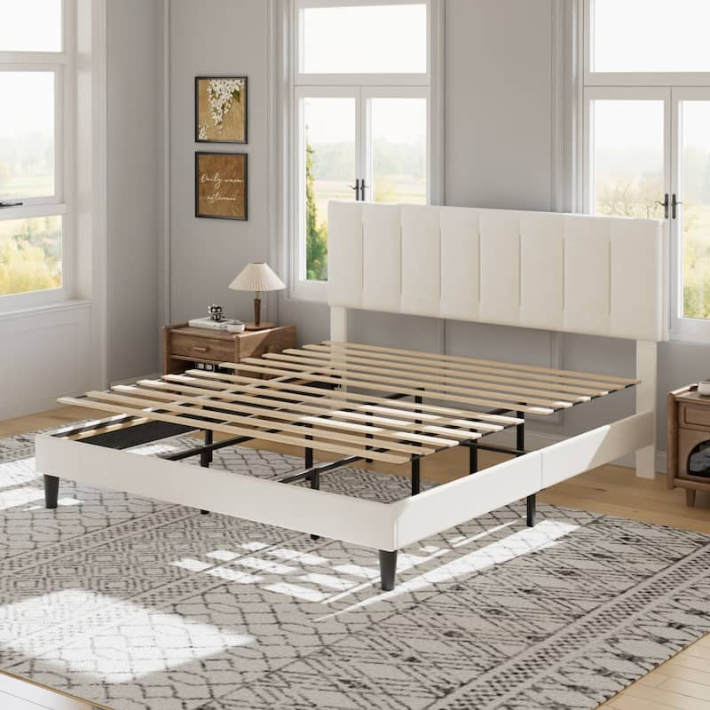 Javlergo Adjustable Height King Bed Upholstered Platform Bed 7.9" Underbed Storage No Box Spring Required Center Support Leg