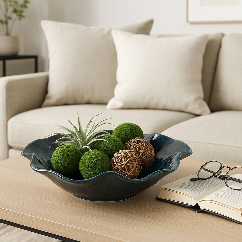 Decorative Round Wavy Edge Glazed Pottery Bowl - 16", Blue - 15.5"