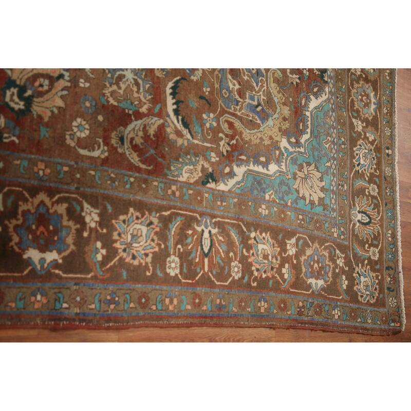 Hand Knotted Oriental 100% Wool Carpet Traditional Floral Brown Mashad Area Rug - 12' 1'' X 8' 10''