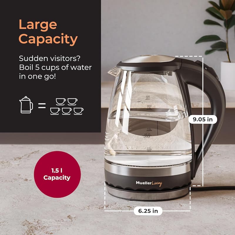MuellerLiving Electric Glass Kettle 1.5L 1500W LED Light, Automatic Shut-Off with SpeedBoil Tech and Boil-Dry Protection - 1.5 L