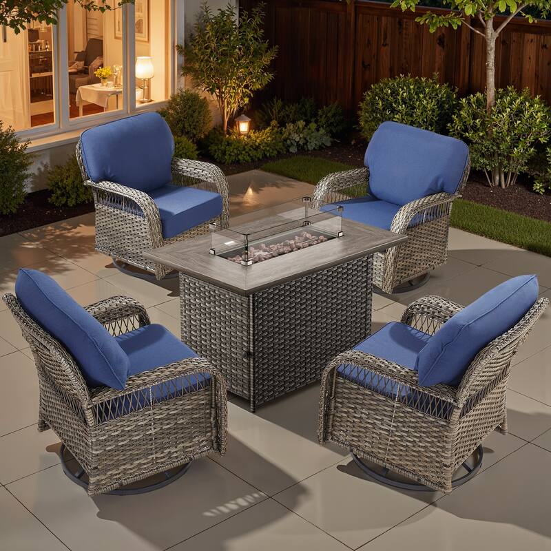 Pocassy Outdoor Fire Table with Swivel Chair Funiture Set. - Gray Wicker Blue Cushion - 5-Piece Swivel Chair with Fie Pit Table