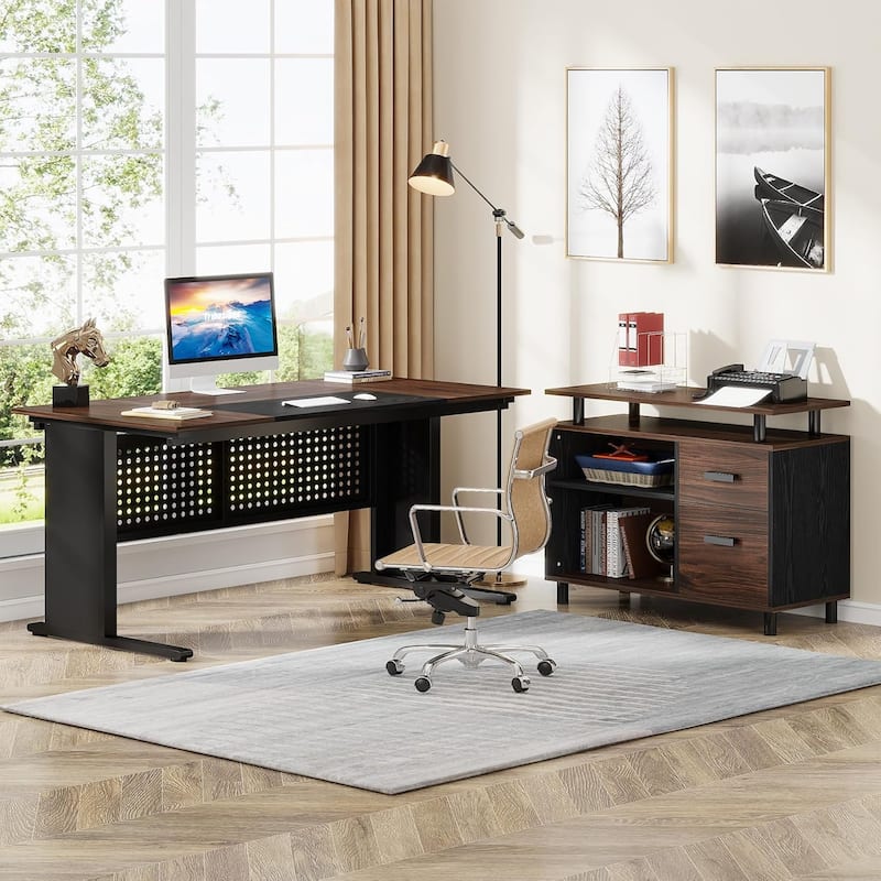 63'' Executive Desk, L Shaped Large Office Desk with File Cabinet