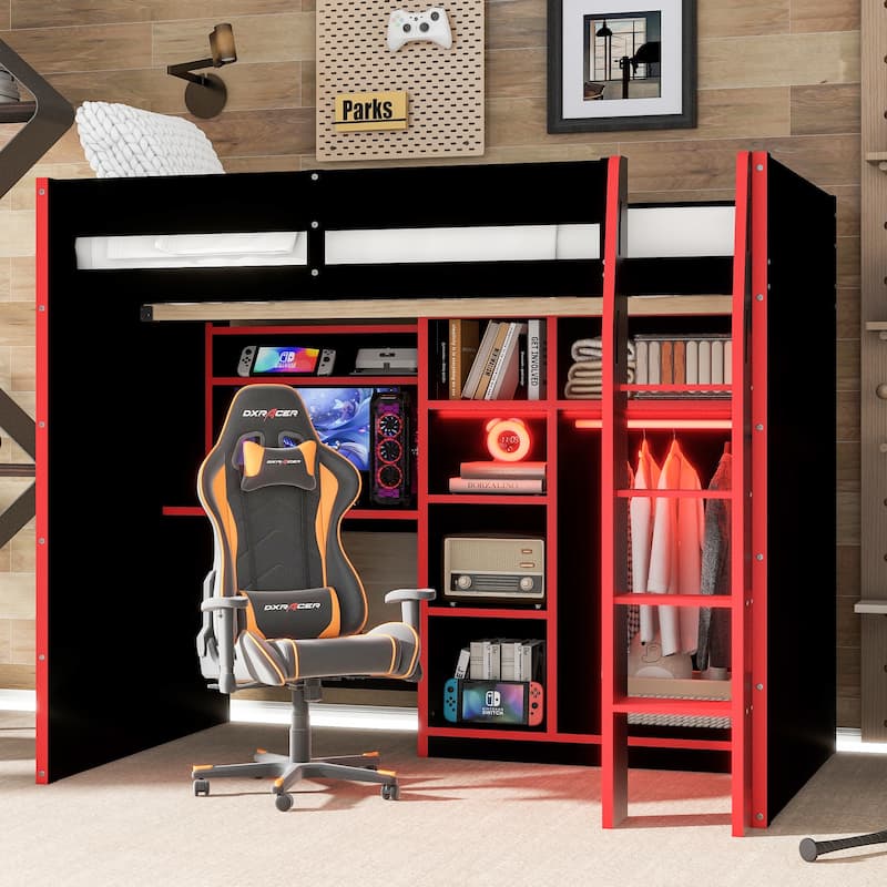 Full-Size Modern Gaming Wooden Loft Bed with RGB Lighting, Desk & Open Storage by Harper&Bright Designs
