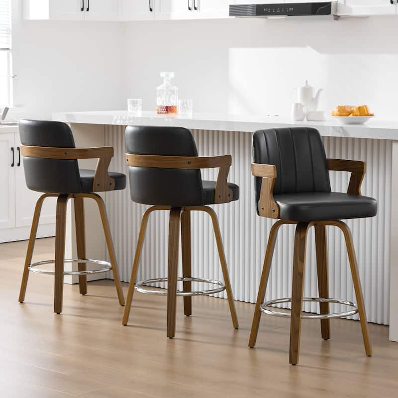 Upholstered Wood Swivel Counter Height Barstool with Arms - 37.8"H x 18.7"W x 19.29"D - Set of 3 - Black