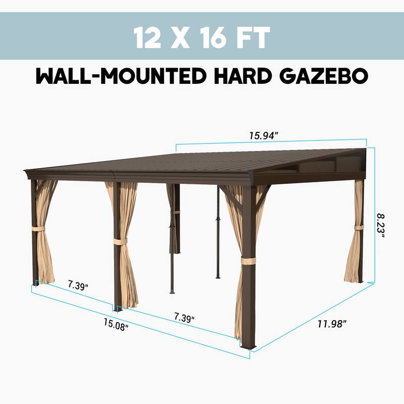 12x16 ft Rectangle Gazebo Sloping Galvanized Steel Roof Hardtop Gazebo with Curtains and Netting