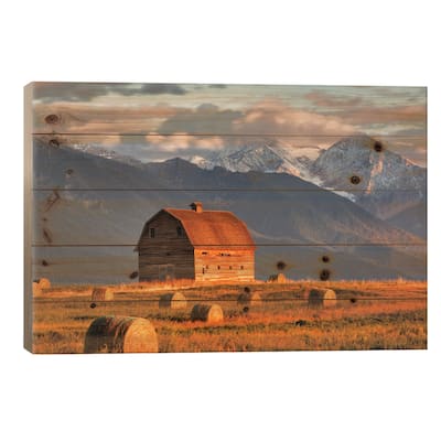 Dupuis Barn With Mission Range In The Background, Ronan, Lake County, Montana, USA Print On Wood by Chuck Haney - Multi-Color