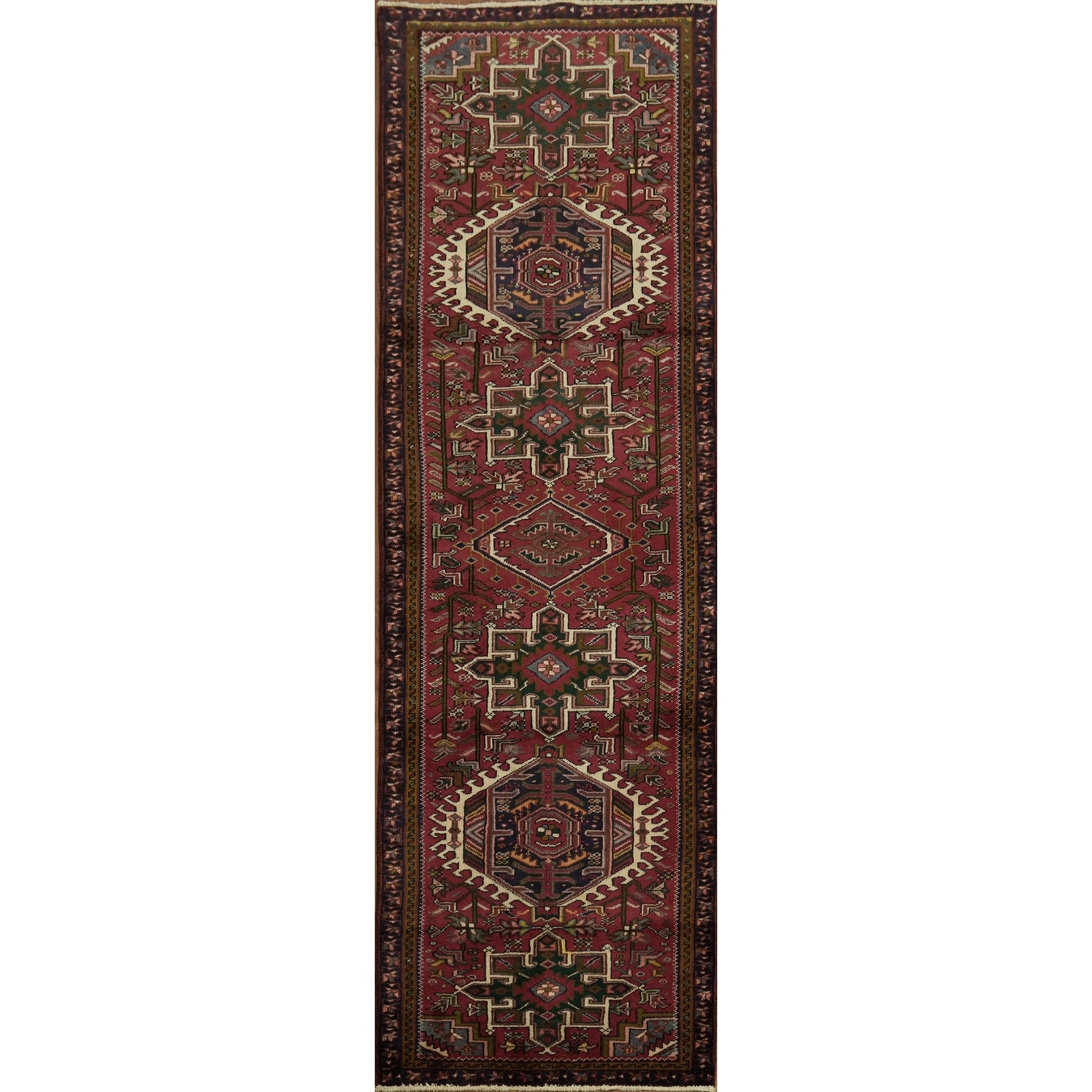 Hand Knotted Oriental 100% Wool Carpet Traditional Tribal Red Heriz Runner Rug - 9' 10'' X 3' 1''