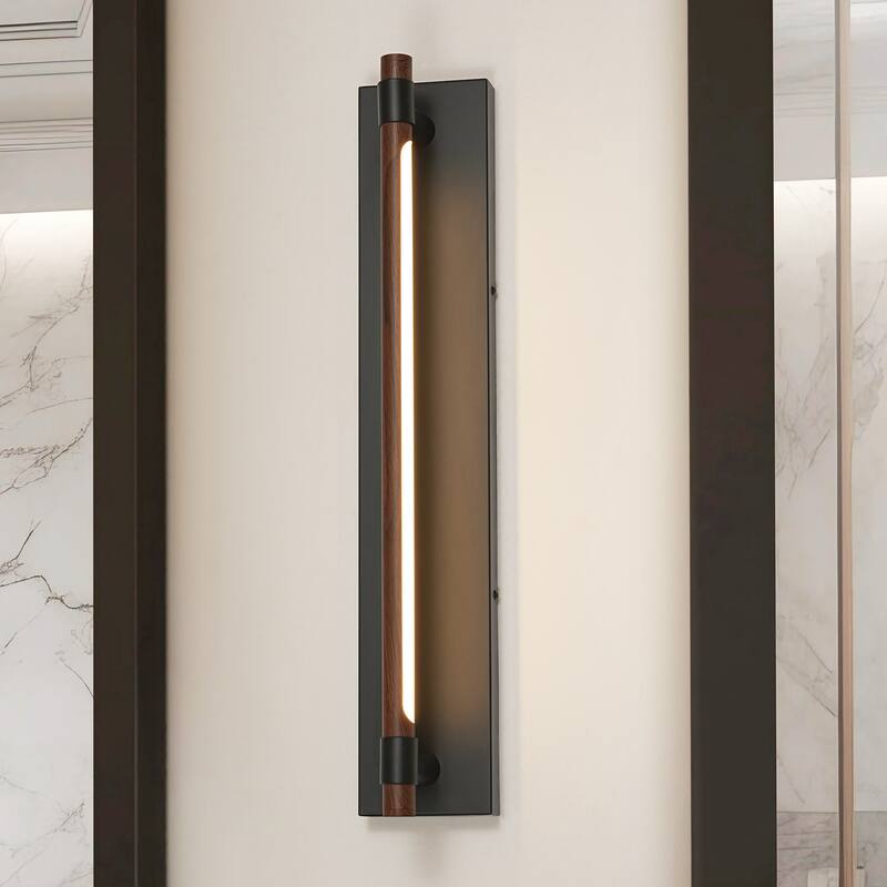 23.6" W Modern Rotatable Linear LED Dimmable Wall Sconce in Matte Black and Wood Grain Finish for Hallway or Bathroom