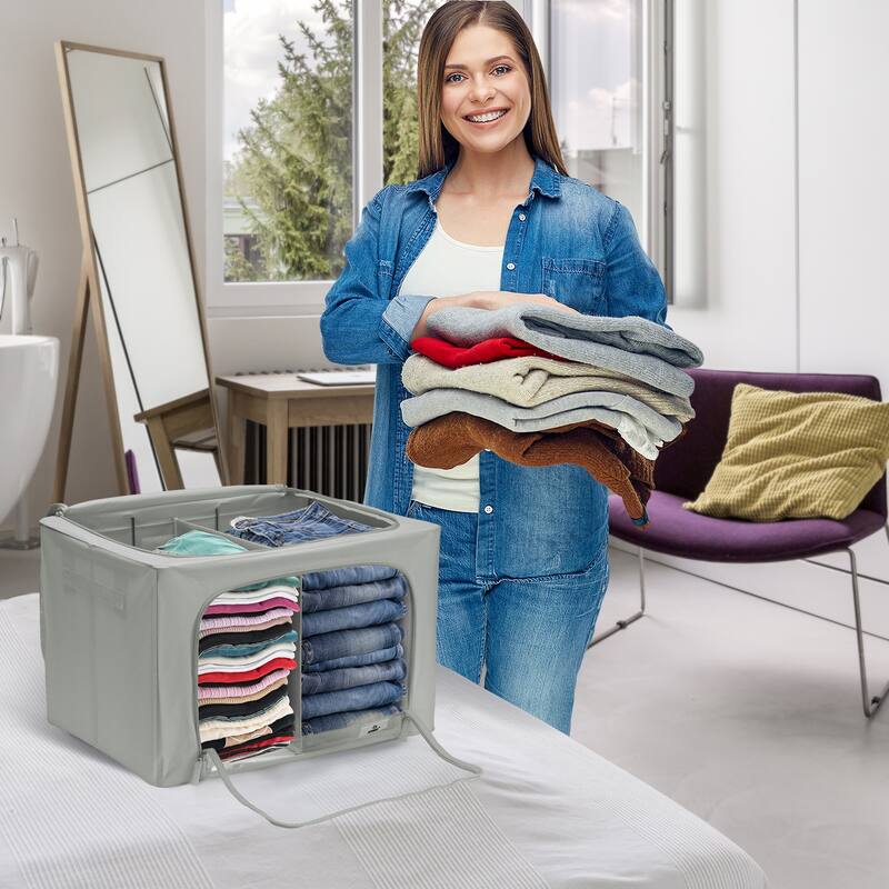 Foldable Storage Bag Breathable Bamboo Fabric Dustproof Organizer Box Charcoal - (2 Section - Beige)