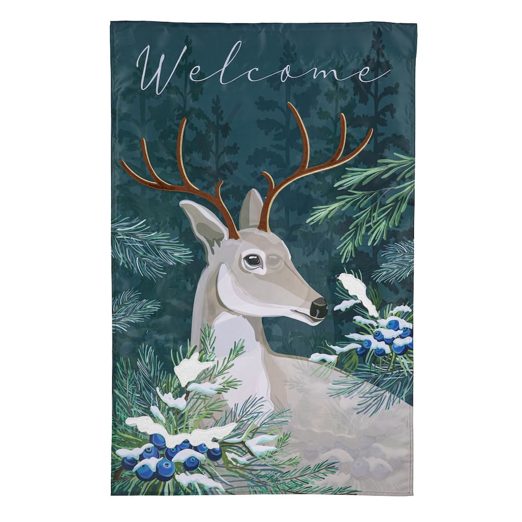 28 in. x 44 in. Woodland Deer Welcome Applique House Flag