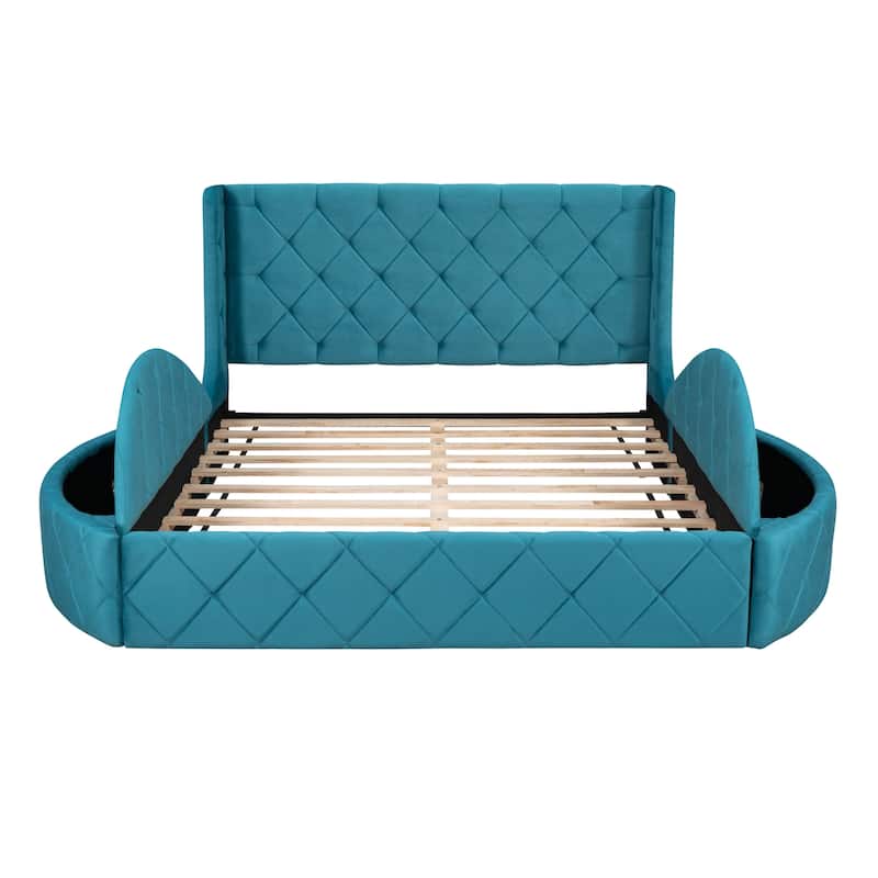 Upholstered Platform Bed Queen Size Storage Velvet Bed with Wingback Headboard and 1 Big Drawer,2 Side Storage Stool(Beige)