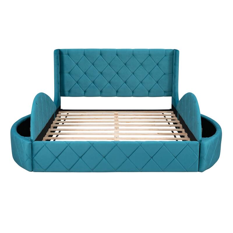 Upholstered Platform Bed Queen Size Storage Velvet Bed with Wingback Headboard and 1 Big Drawer,2 Side Storage Stool