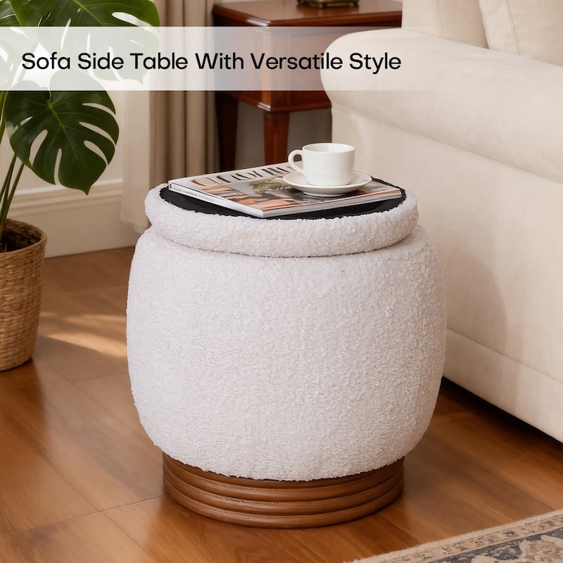 Round Storage Pouf Ottoman Footstool with Flip-top and Acacia Frame