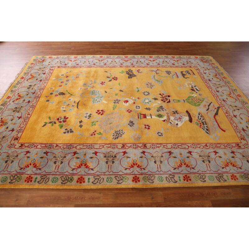 Floral Yellow Heriz Serapi Indian Area Rug Hand-Knotted Wool Carpet - 7'9" x 9'11"