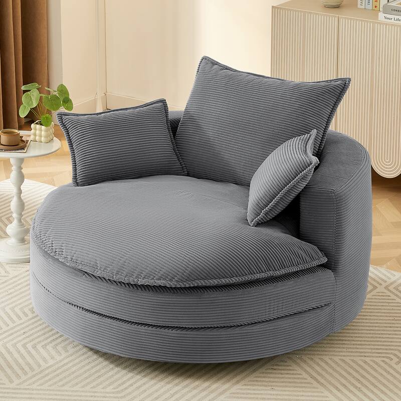 360° Swivel Sofa Chair Accent Barrel Chair 57.5" Swivel Round Chair with Dual-layer Cushion Design and 3 Removable Pillows - Grey