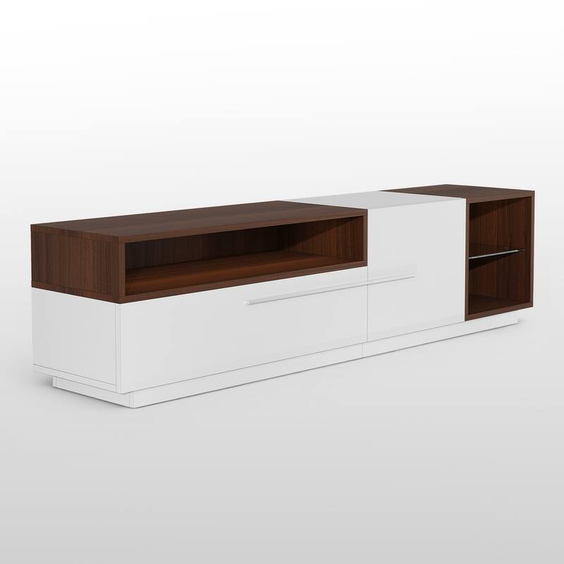Meyreso 70.8" Modern High Gloss White & Walnut TV Stand with LED Lighting and Open Storage - 70 inches