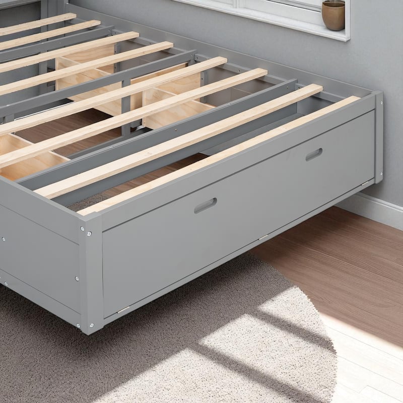 Queen Size Wooden Platform Bed with Upholstered Headboard, 4 Drawers, Storage Shelves & Shoe Rack