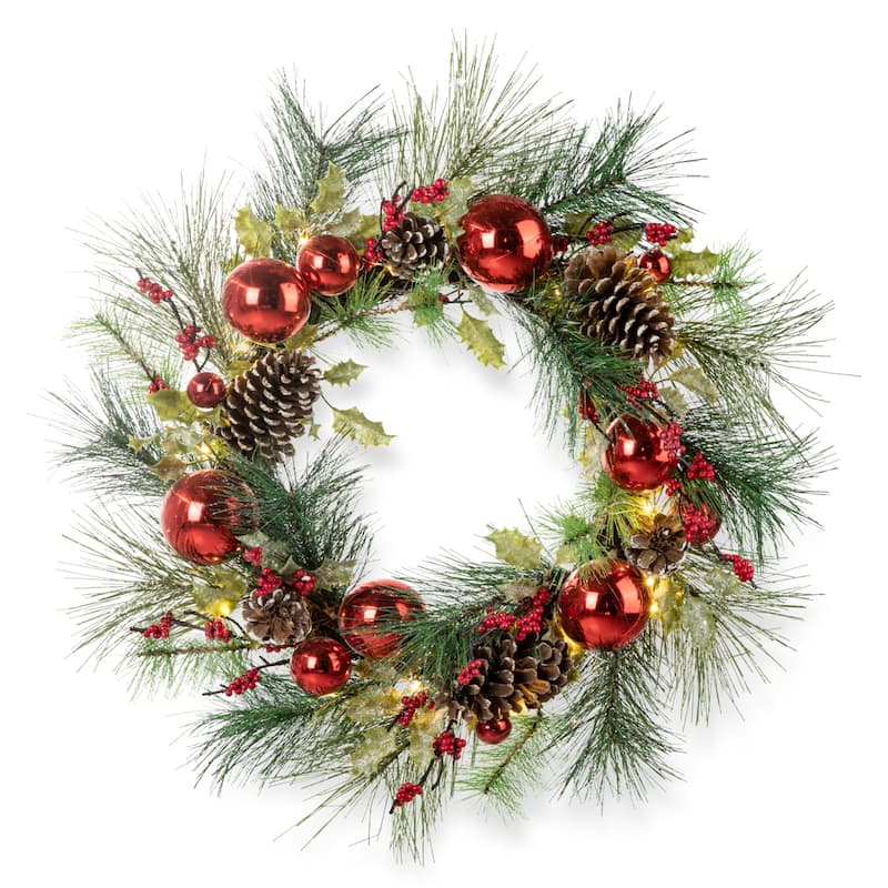 24"D Pre-Lit Ball Berry Holly Pinecone & Ornament Wreath with Brown Window Frame Set