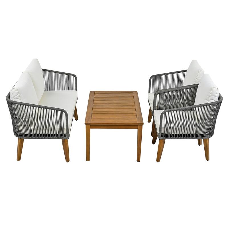 4-Piece Outdoor Rope Patio Conversation Set with Loveseat and Acacia Wood Table, Weather-Resistant Cushions and Metal Frame
