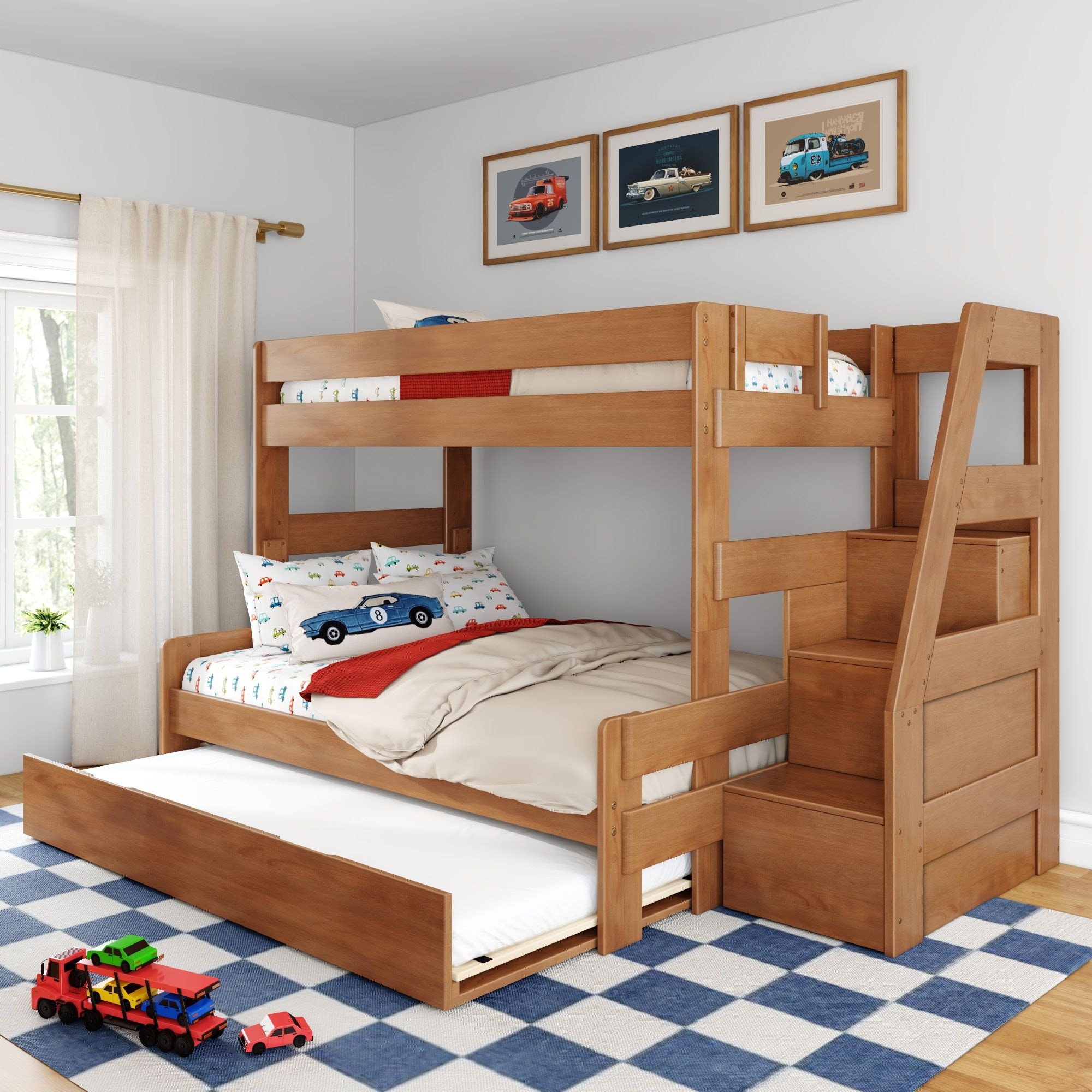 Max and Lily Modern Farmhouse Twin Over Full Bunk Bed With Staircase and Trundle
