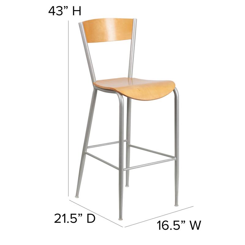 Metal Restaurant Barstool - Wood Back & Seat - 16.5"W x 21.5"D x 43"H - 16.5"W x 21.5"D x 43"H