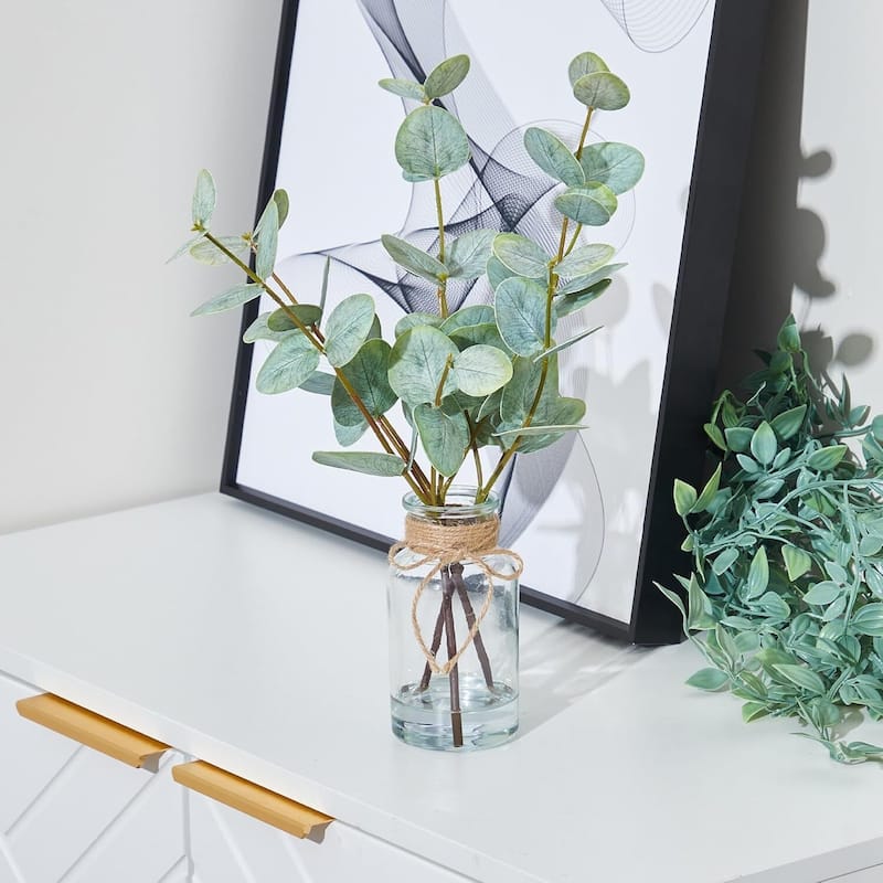 2PCS 13" Artificial Eucalyptus Stems in Vase with Faux Water for Home Decor - 2 pcs